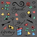 Collection of handwritten slogans or phrases and hand drawn decorative design elements in trendy doodle style - plants, symbols Royalty Free Stock Photo